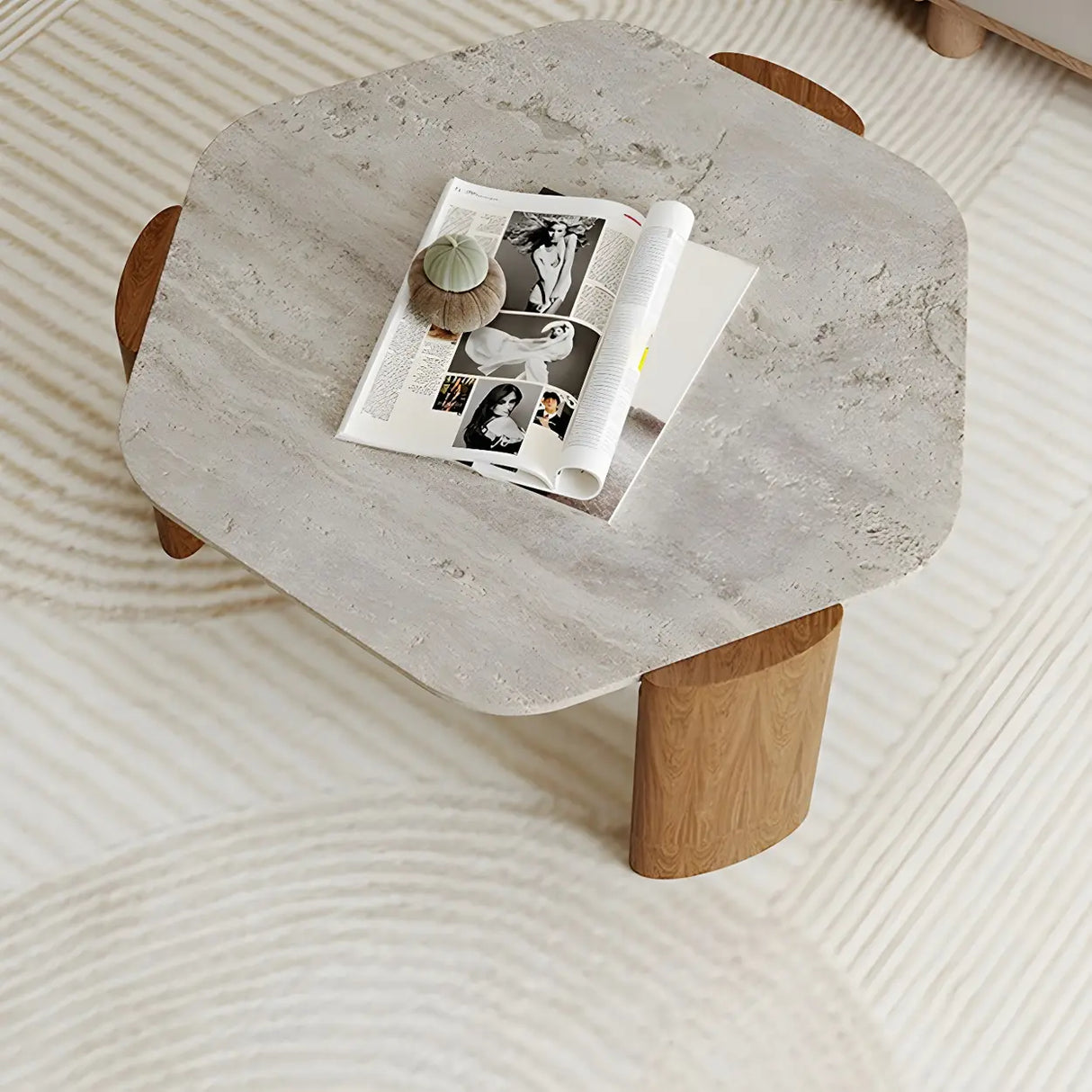 Gray Hexagon Travertine Coffee Table with Black Leg Image - 8