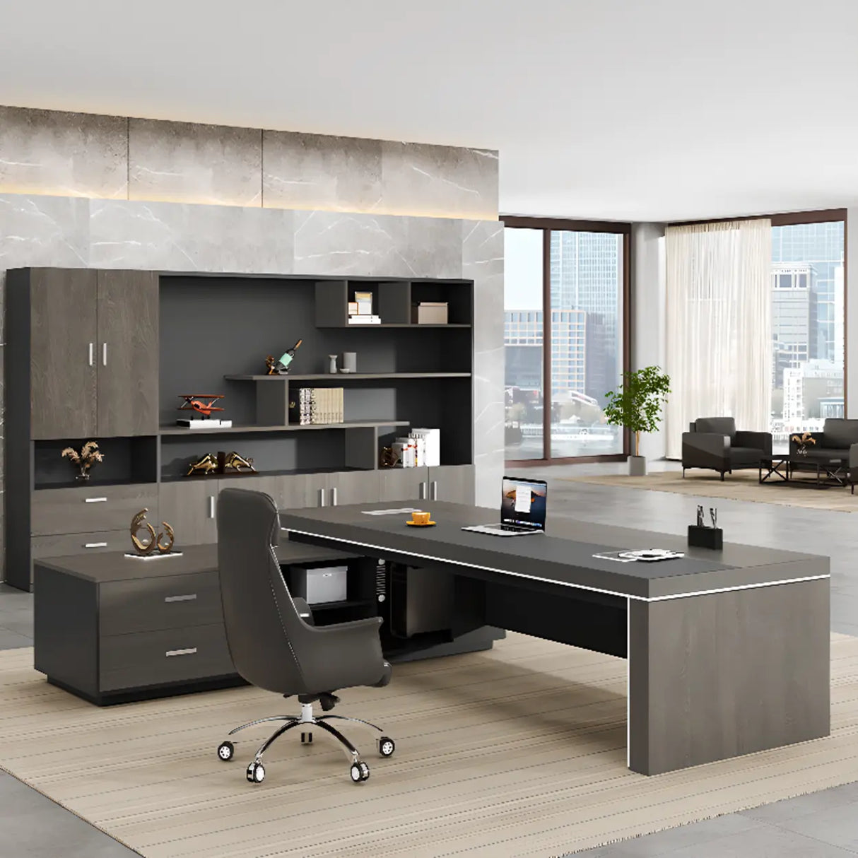 Gray L-Shaped Walnut Desk with Drawers and Shelves Image - 1