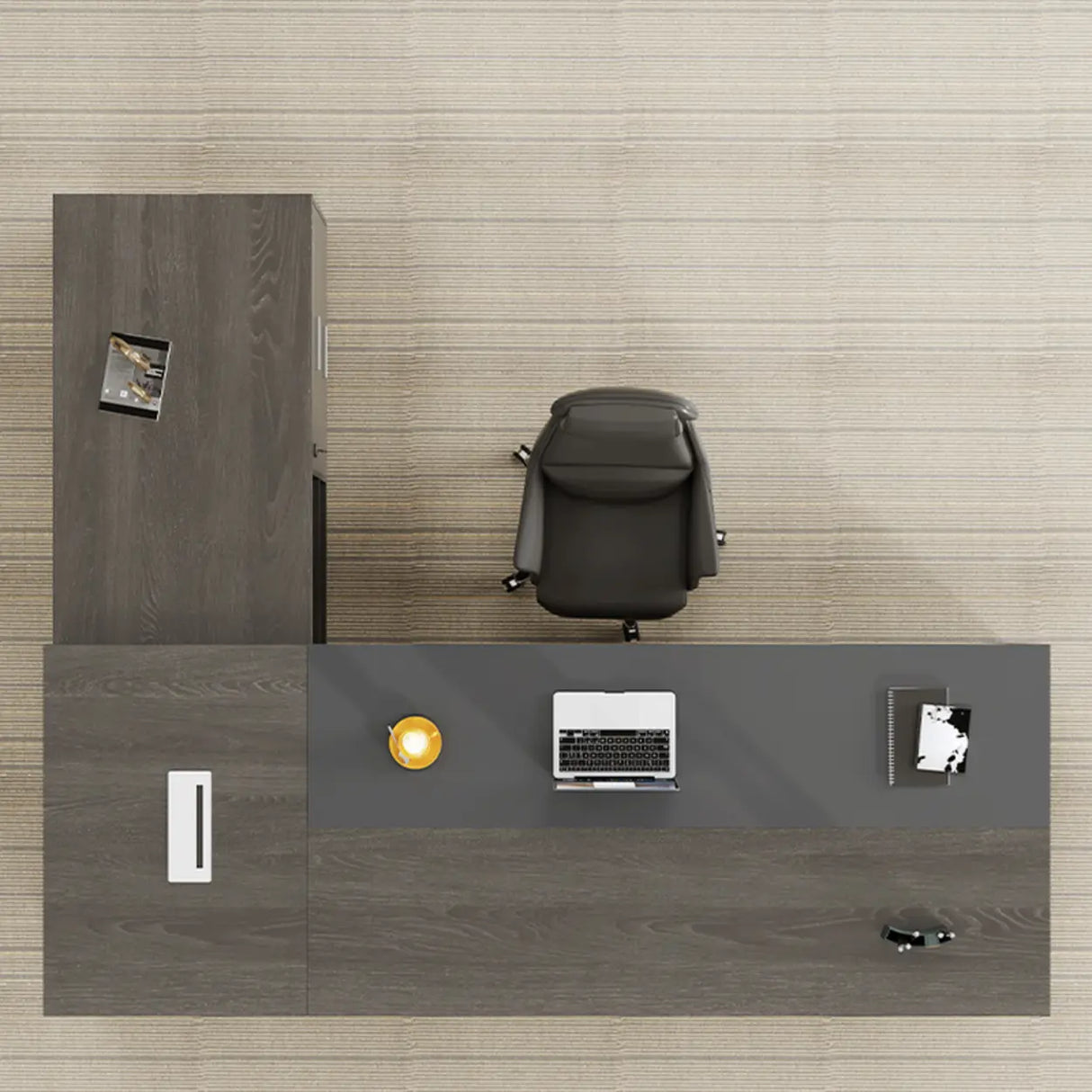 Gray L-Shaped Walnut Desk with Drawers and Shelves Image - 3