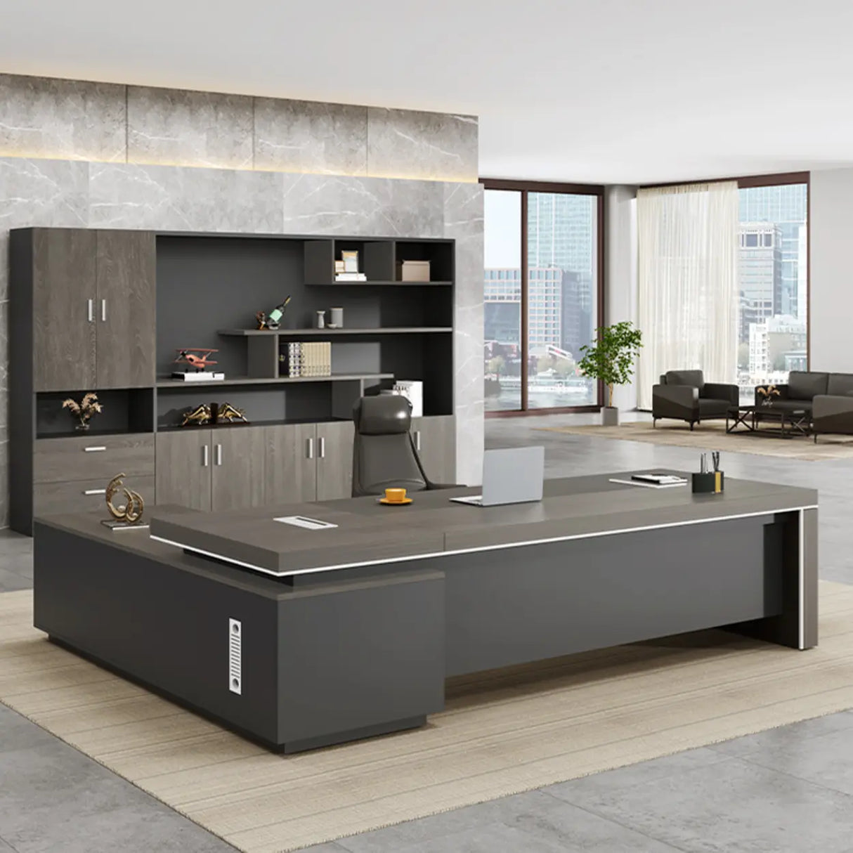 Gray L-Shaped Walnut Desk with Drawers and Shelves Image - 4