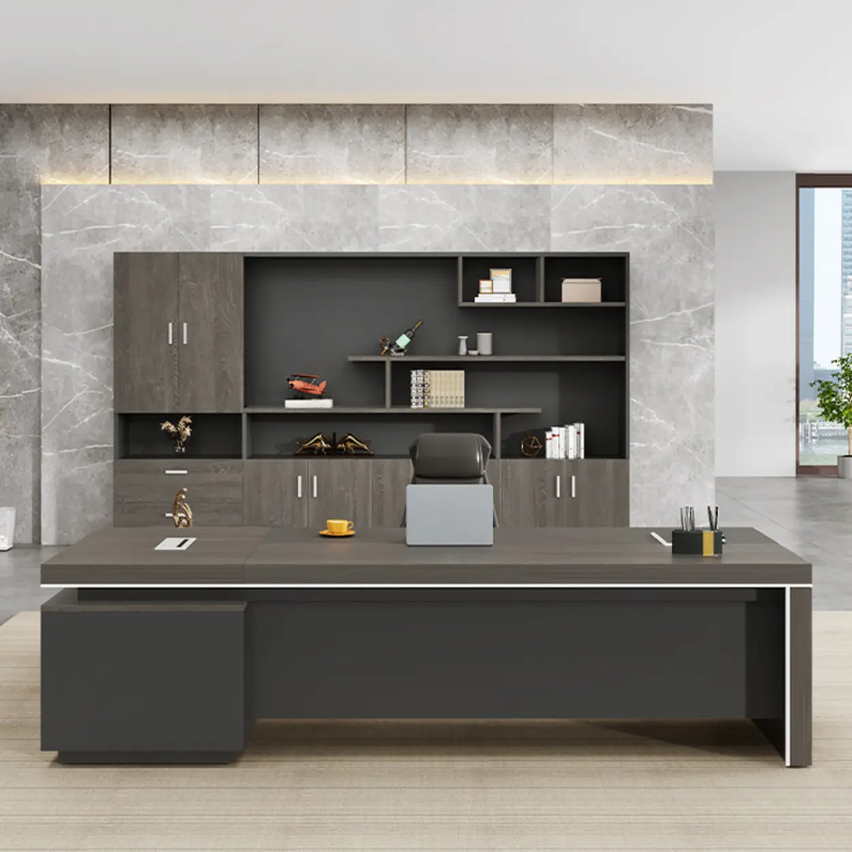 Gray L-Shaped Walnut Desk with Drawers and Shelves Image - 5