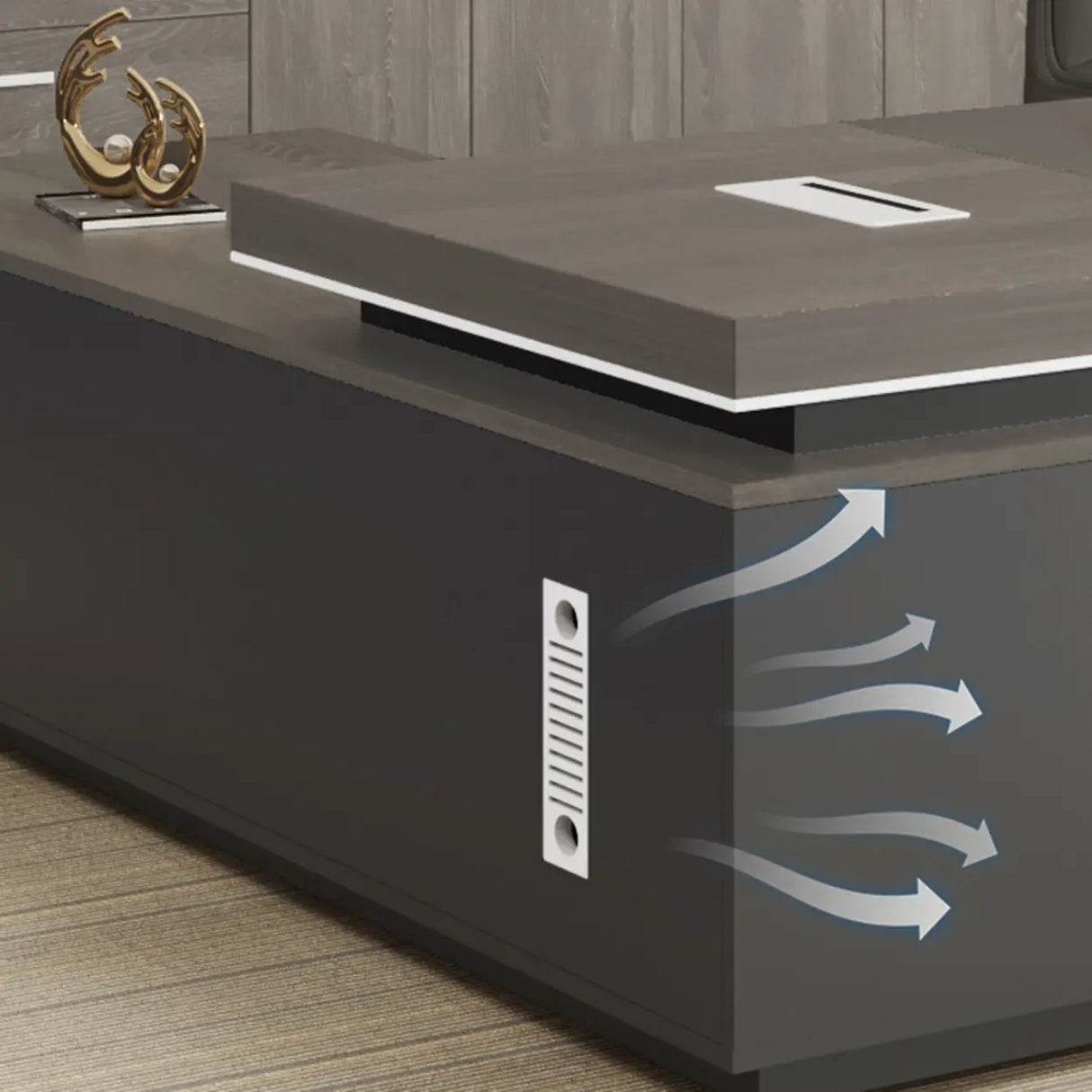 Gray L-Shaped Walnut Desk with Drawers and Shelves Image - 9