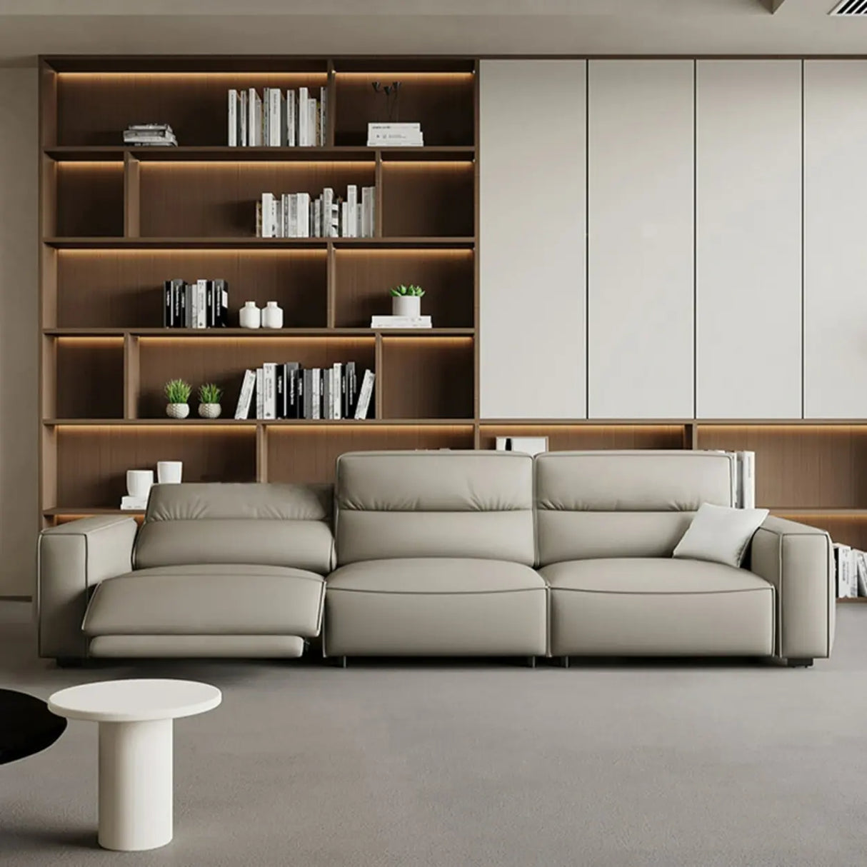 Gray Leather Square Arm Biscuit Back Reclining Sleeper Image - 1