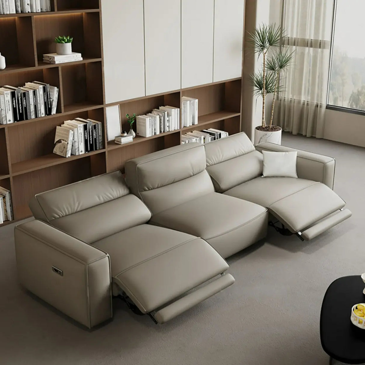 Gray Leather Square Arm Biscuit Back Reclining Sleeper Image - 6