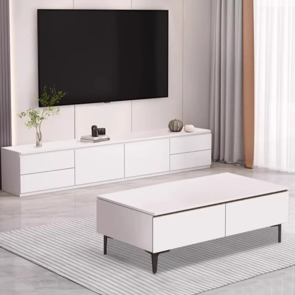 Gray Oak Wooden Rectangular TV Stand with Storage Image - 12