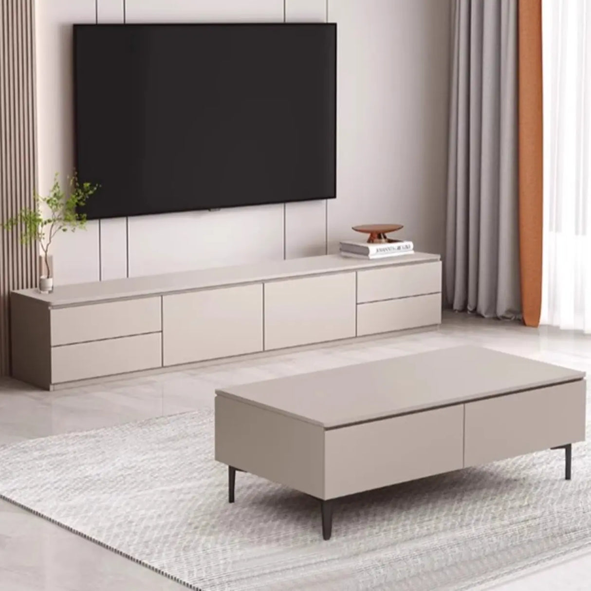 Gray Oak Wooden Rectangular TV Stand with Storage Image - 13