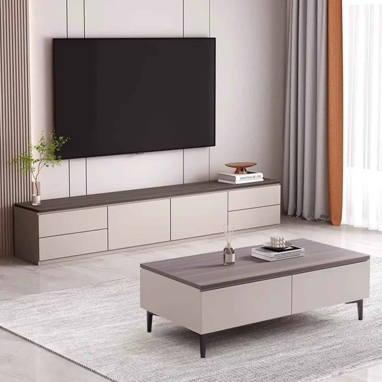 Gray Oak Wooden Rectangular TV Stand with Storage Image - 14