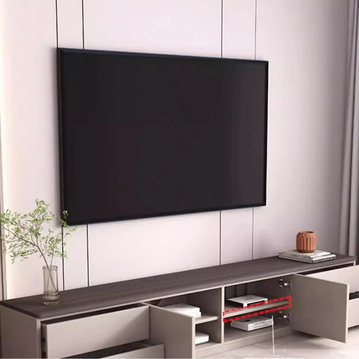 Gray Oak Wooden Rectangular TV Stand with Storage Image - 15