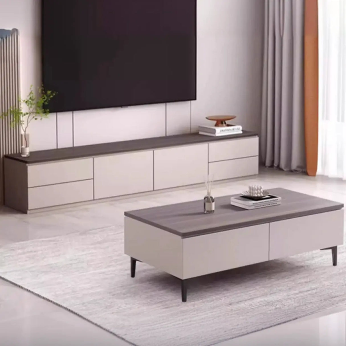 Gray Oak Wooden Rectangular TV Stand with Storage Image - 1