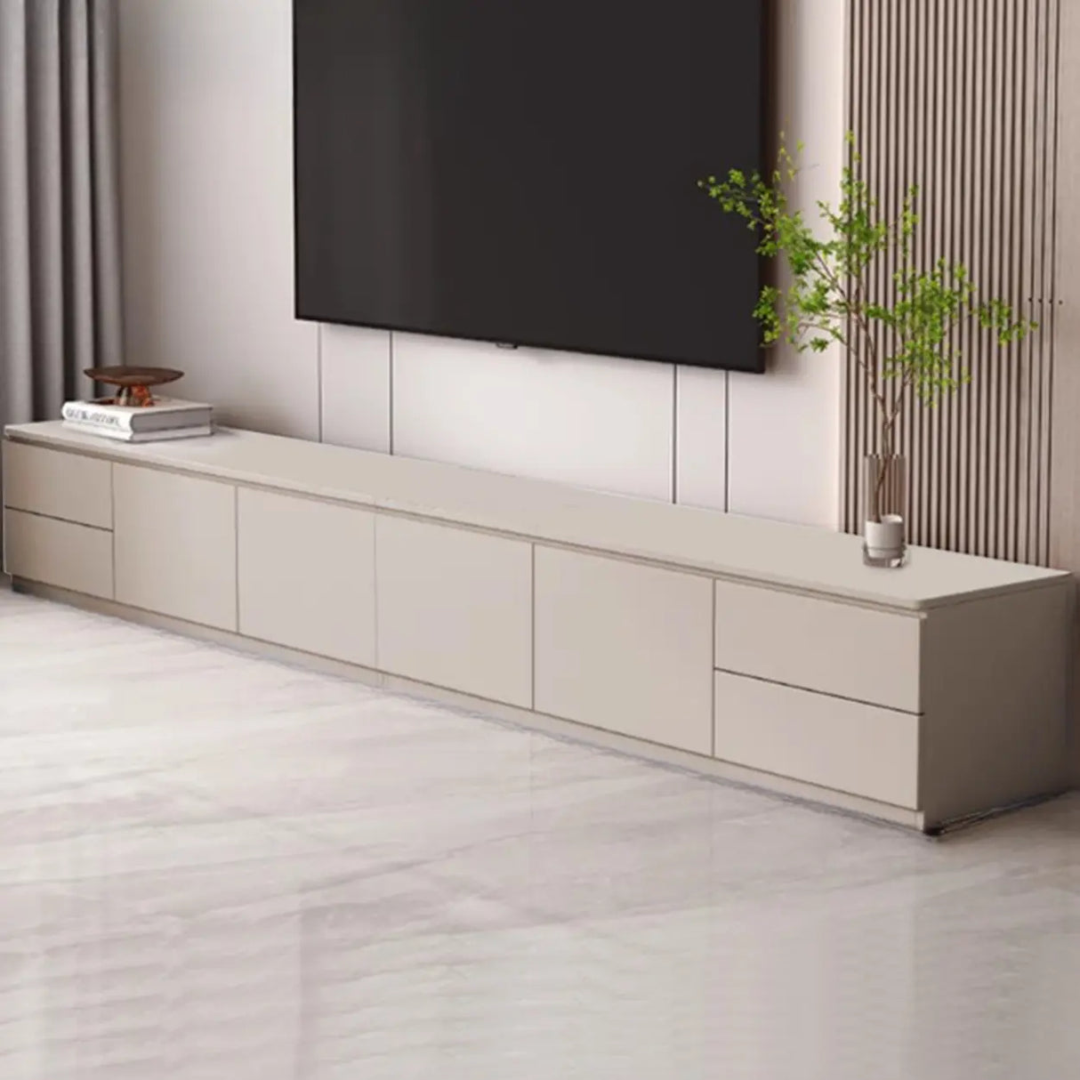 Gray Oak Wooden Rectangular TV Stand with Storage Image - 6