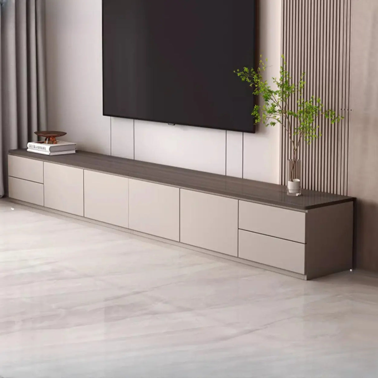 Gray Oak Wooden Rectangular TV Stand with Storage Image - 9