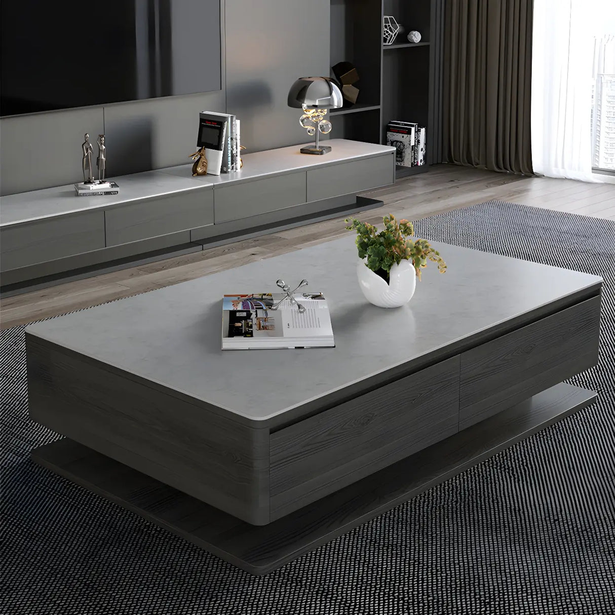 Gray Rectangular Stone Single Coffee Table with Drawers Image - 2