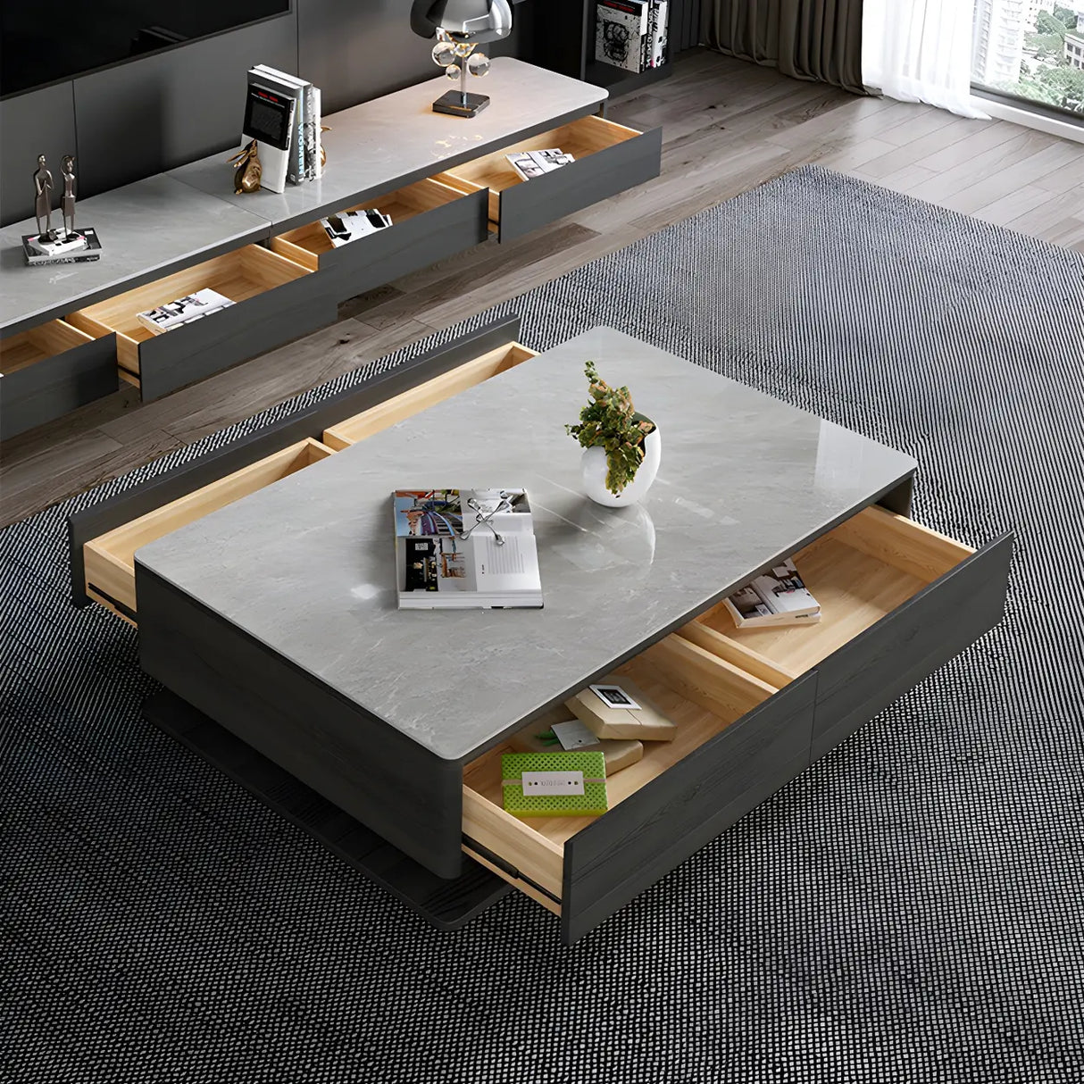 Gray Rectangular Stone Single Coffee Table with Drawers Image - 3