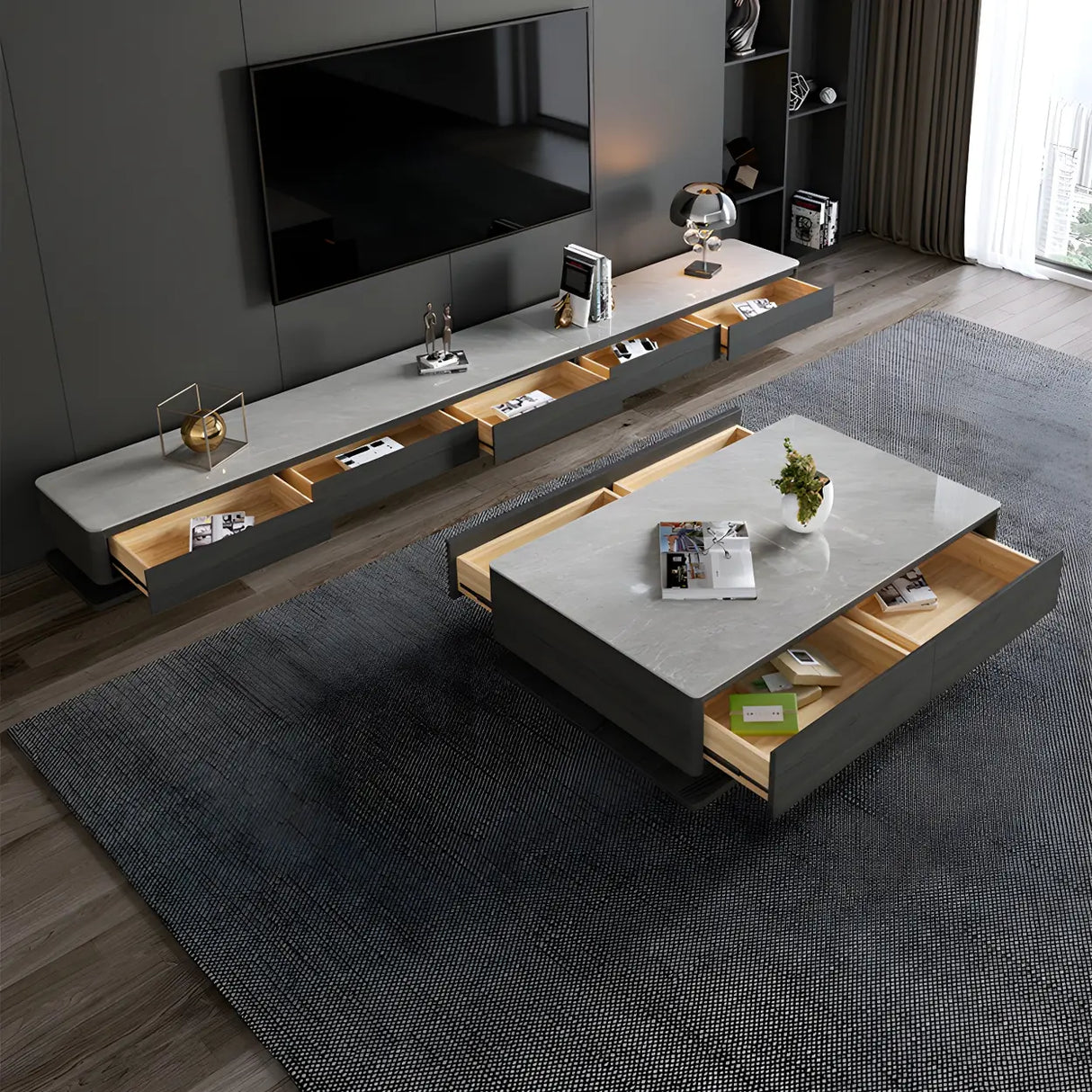 Gray Rectangular Stone Single Coffee Table with Drawers Image - 5