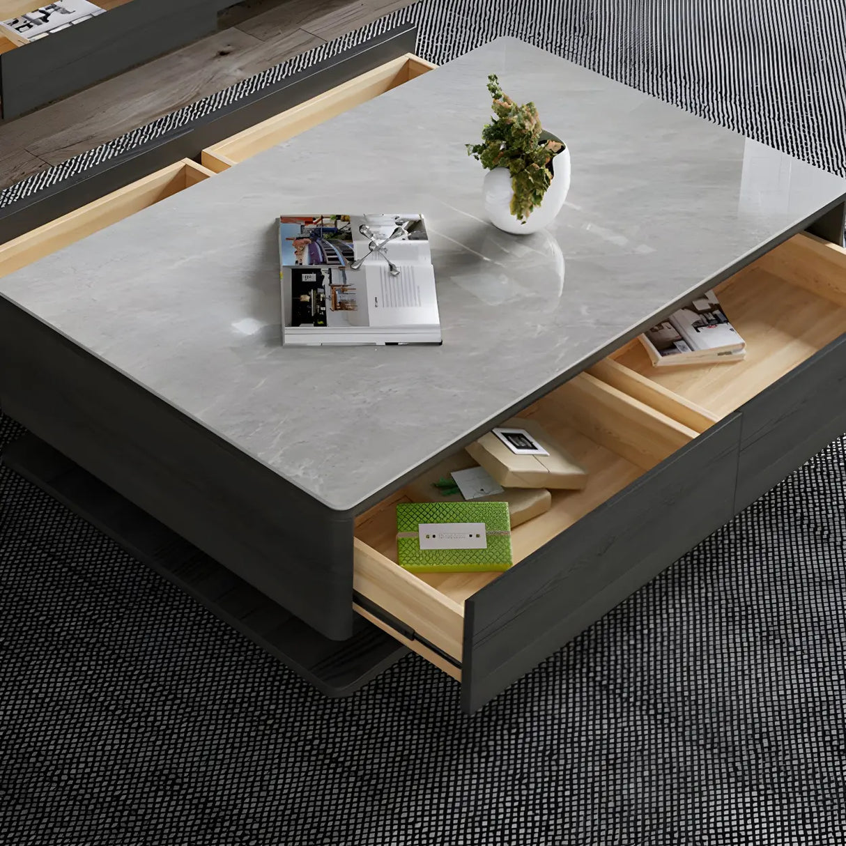 Gray Rectangular Stone Single Coffee Table with Drawers Image - 7