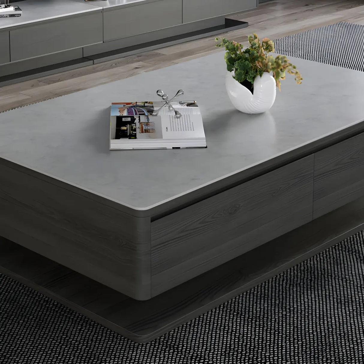 Gray Rectangular Stone Single Coffee Table with Drawers Image - 8