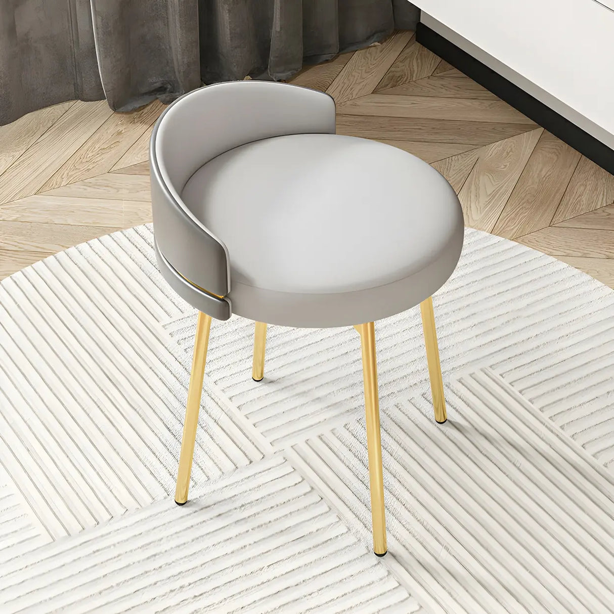 Gray Round Leather Upholstered Vanity Stool with Backrest Image - 18