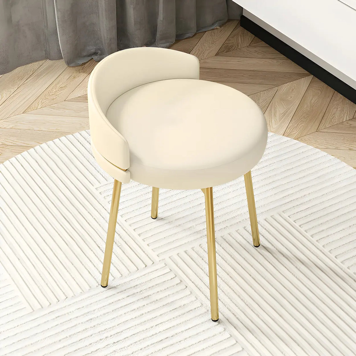 Gray Round Leather Upholstered Vanity Stool with Backrest Image - 20