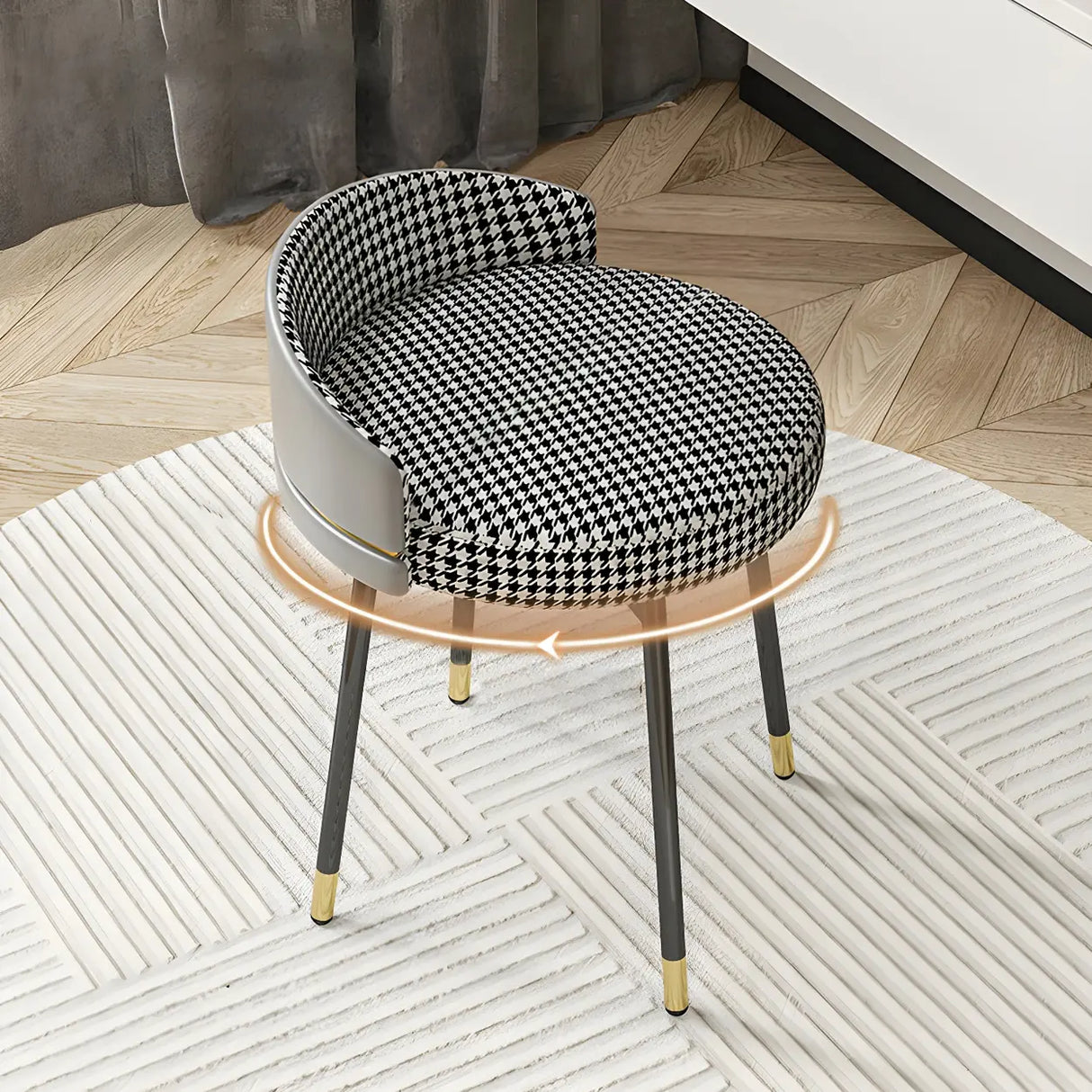 Gray Round Leather Upholstered Vanity Stool with Backrest Image - 4