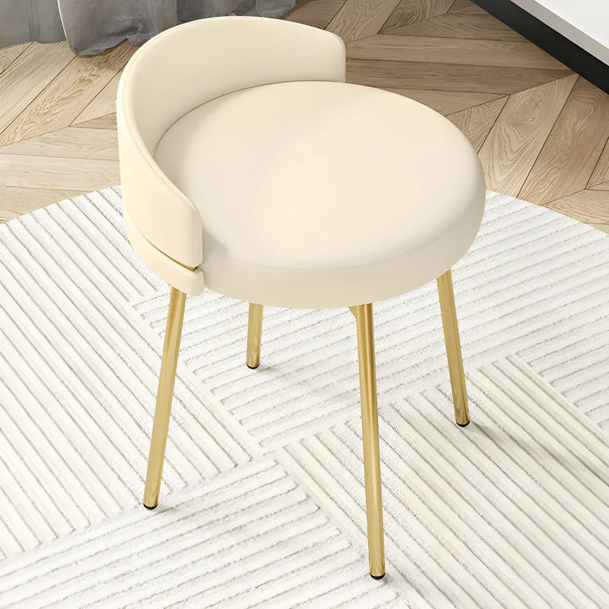 Gray Round Leather Upholstered Vanity Stool with Backrest Image - 5