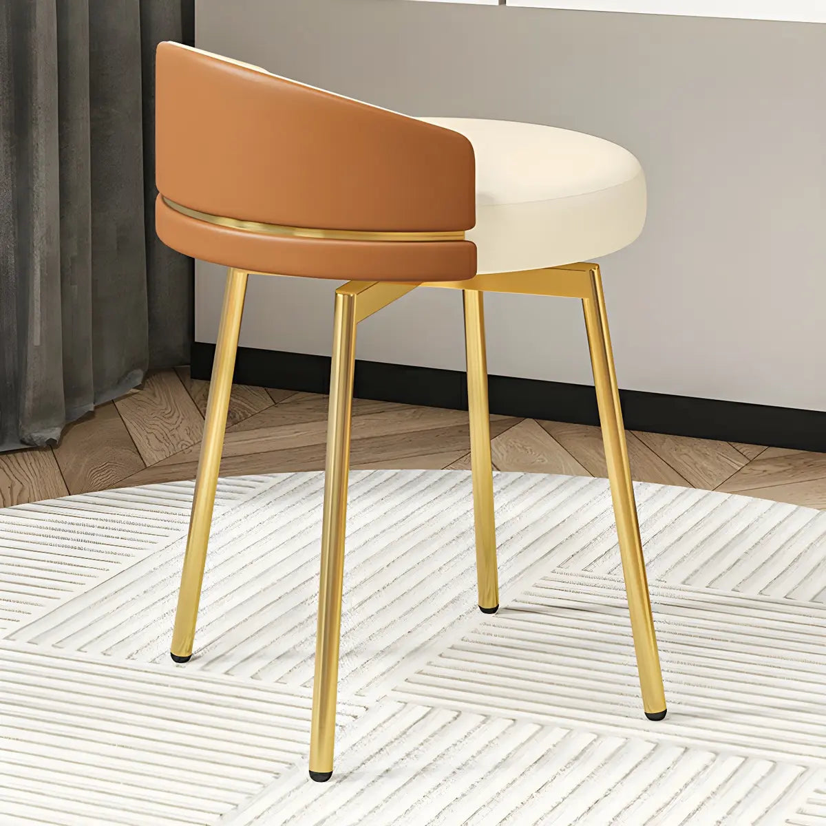 Gray Round Leather Upholstered Vanity Stool with Backrest Image - 3