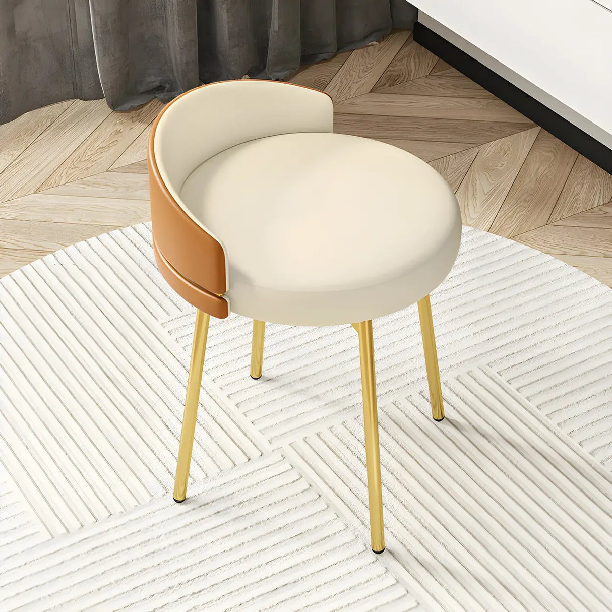 Gray Round Leather Upholstered Vanity Stool with Backrest Image - 12