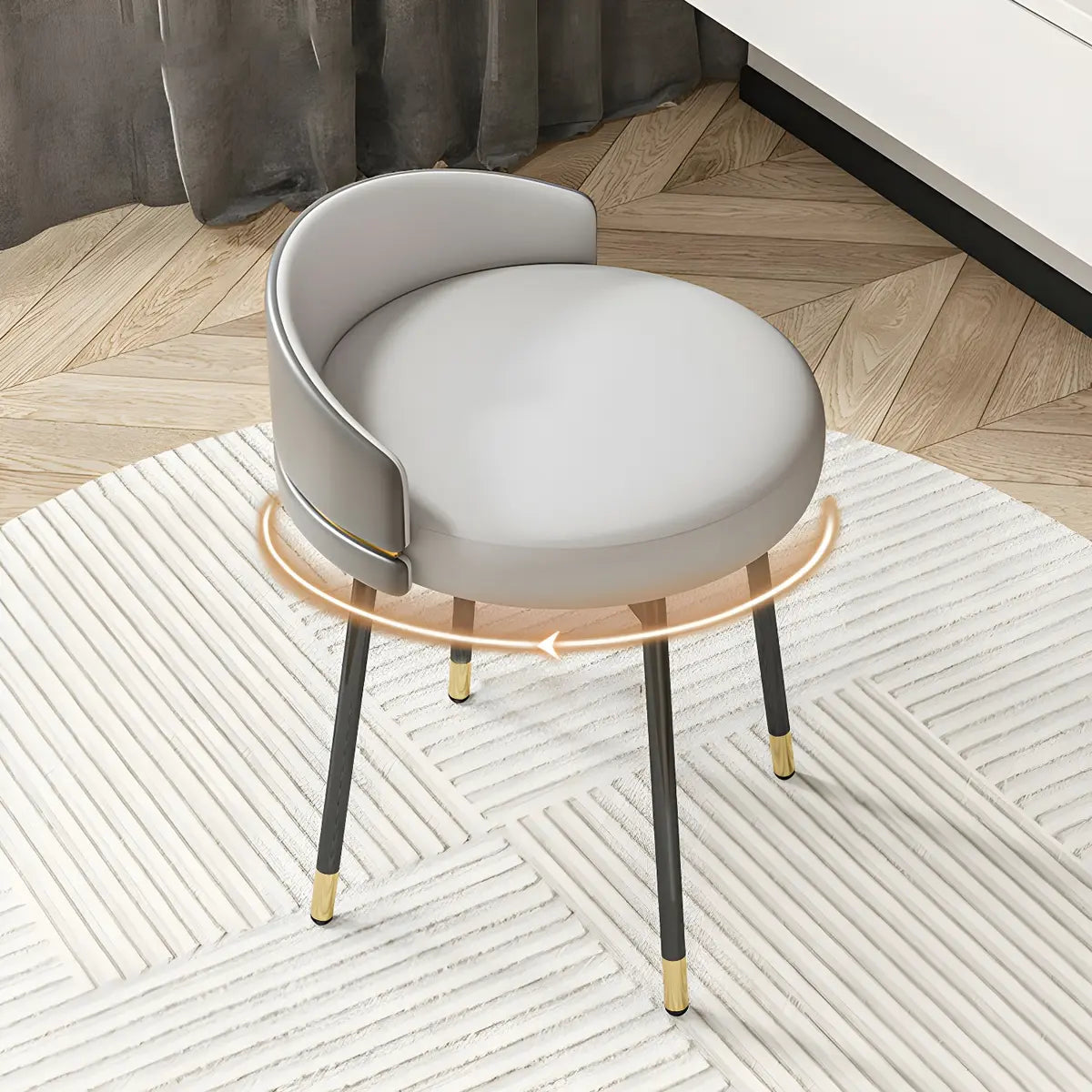 Gray Round Leather Upholstered Vanity Stool with Backrest Image - 7