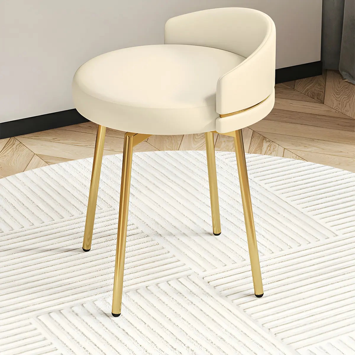 Gray Round Leather Upholstered Vanity Stool with Backrest Image - 8