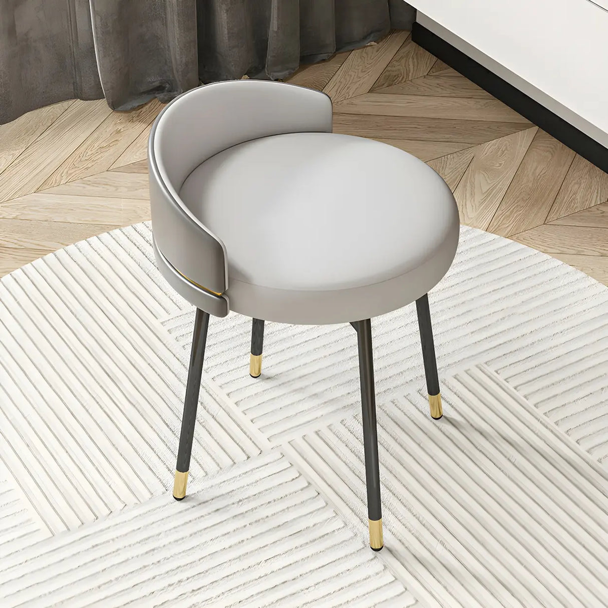 Gray Round Leather Upholstered Vanity Stool with Backrest Image - 15