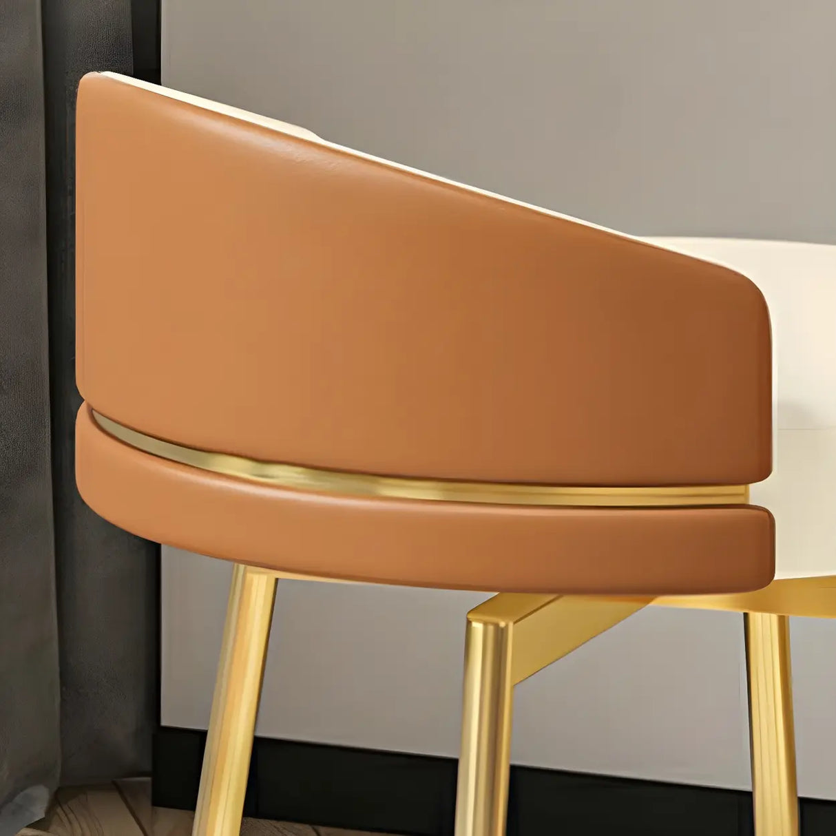 Gray Round Leather Upholstered Vanity Stool with Backrest Image - 16