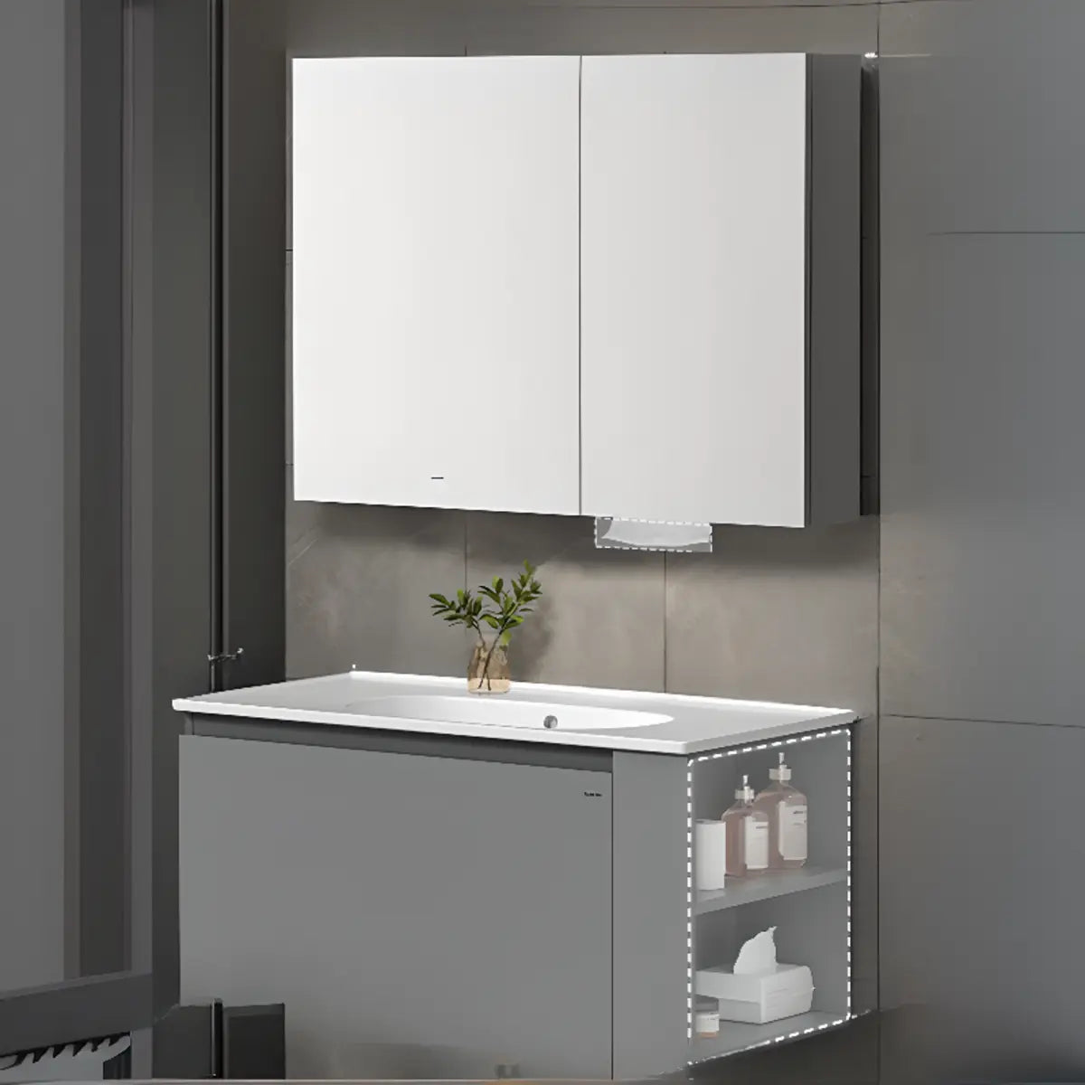 Gray Single Sink MDF Storage Bathroom Vanity with Shelves Image - 13