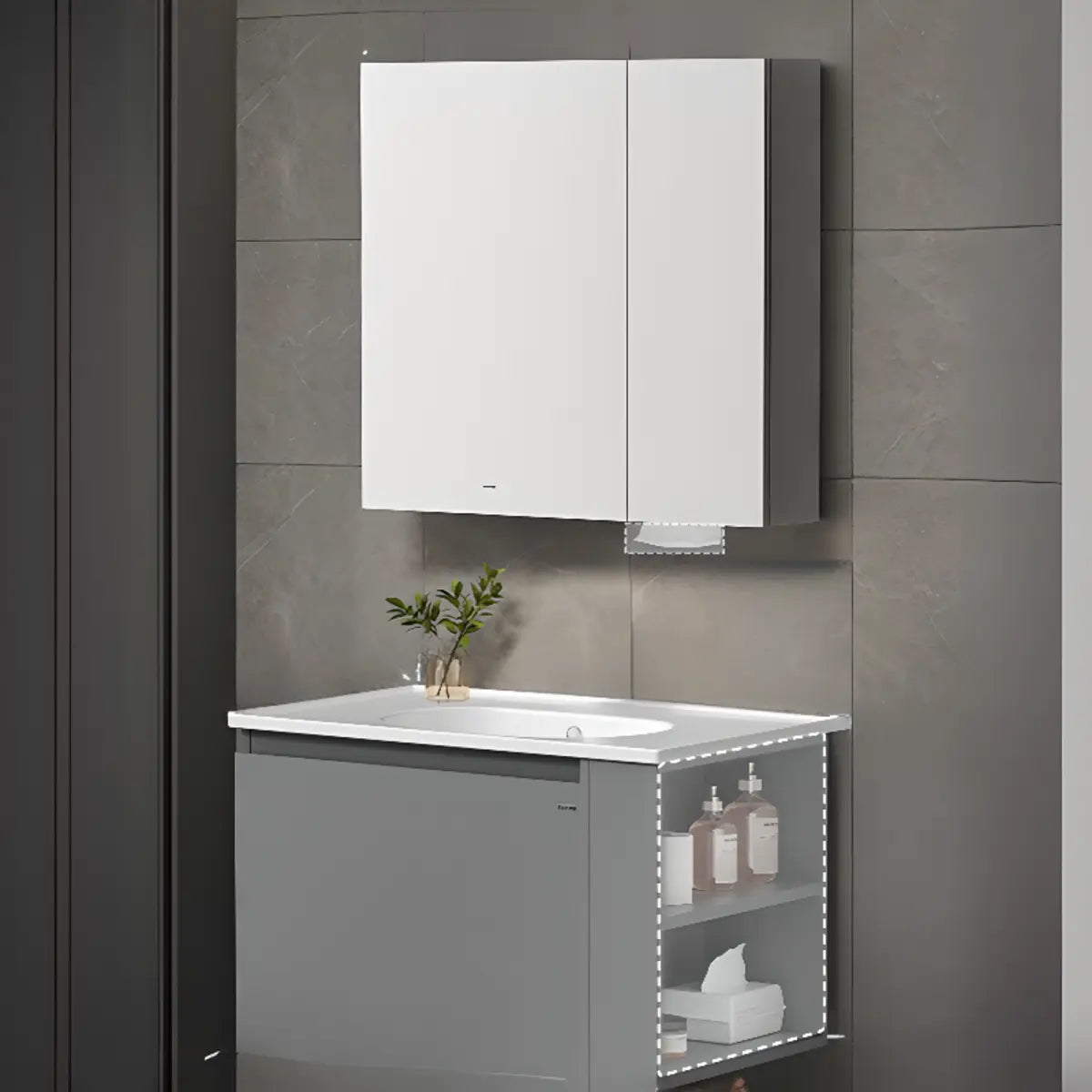 Gray Single Sink MDF Storage Bathroom Vanity with Shelves Image - 9
