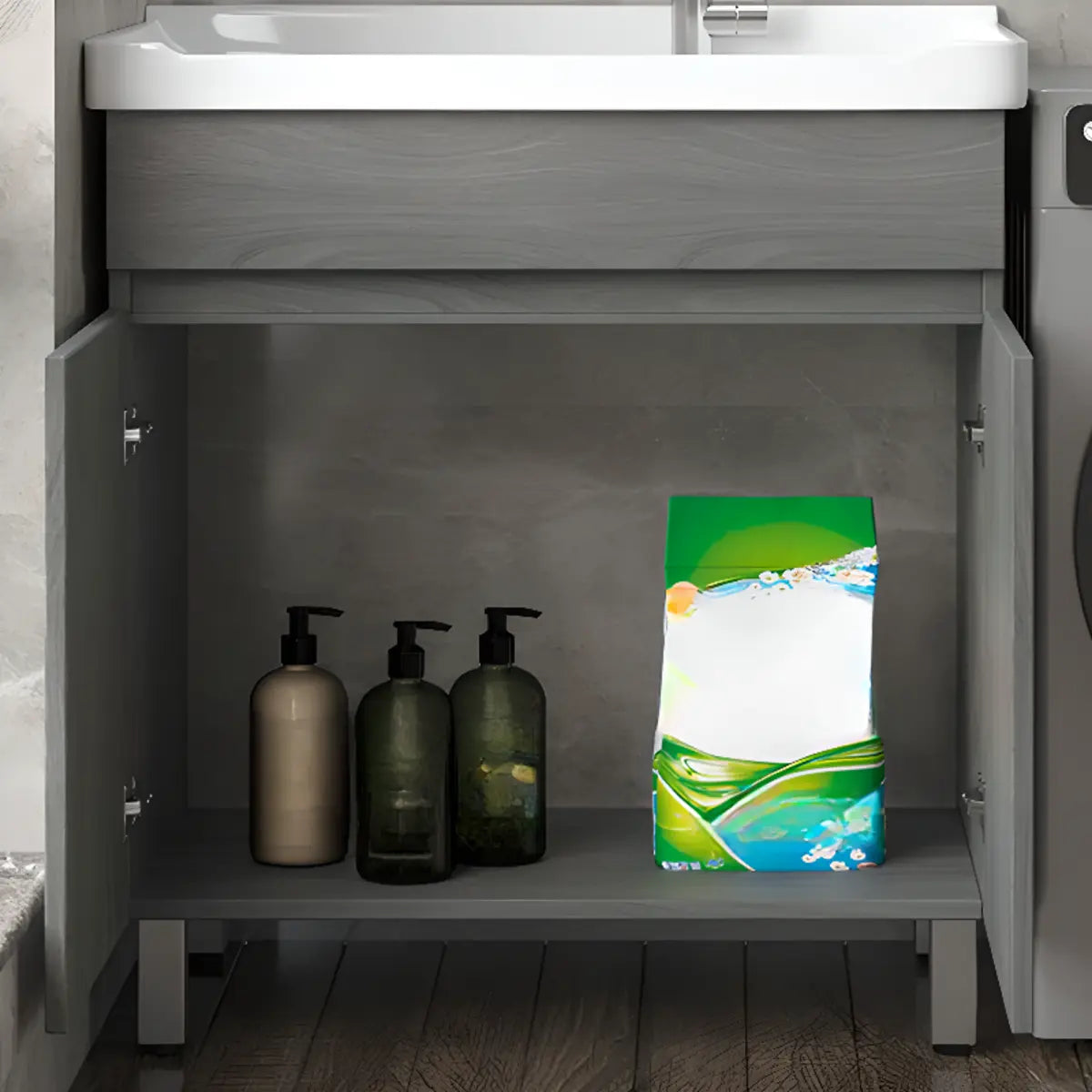 Gray Storage Drawers Wood Free-standing Bathroom Vanity Image - 6