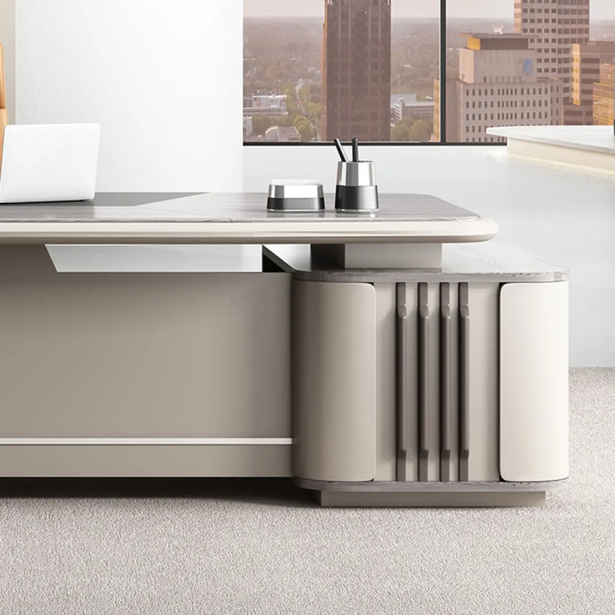 Gray Top Beige Base Long L-Shaped Wooden Executive Desk Image - 10