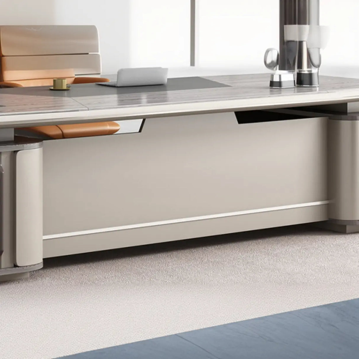 Gray Top Beige Base Long L-Shaped Wooden Executive Desk Image - 11