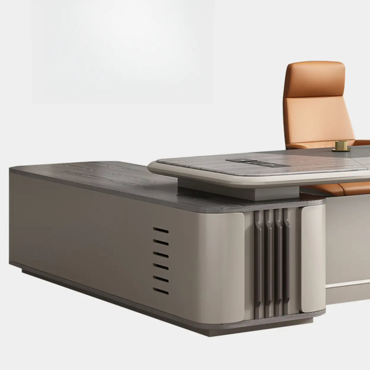 Gray Top Beige Base Long L-Shaped Wooden Executive Desk Image - 12