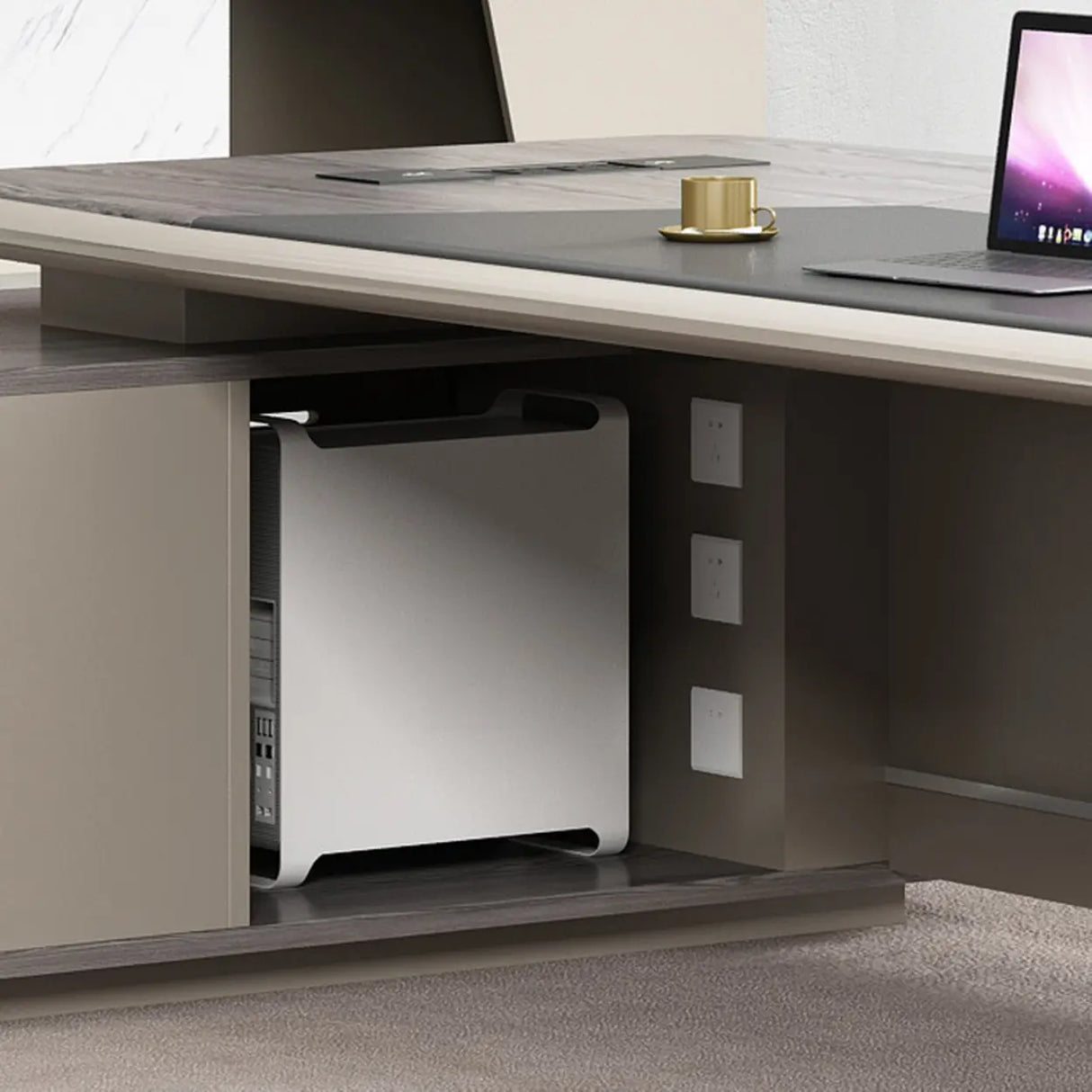 Gray Top Beige Base Long L-Shaped Wooden Executive Desk Image - 13