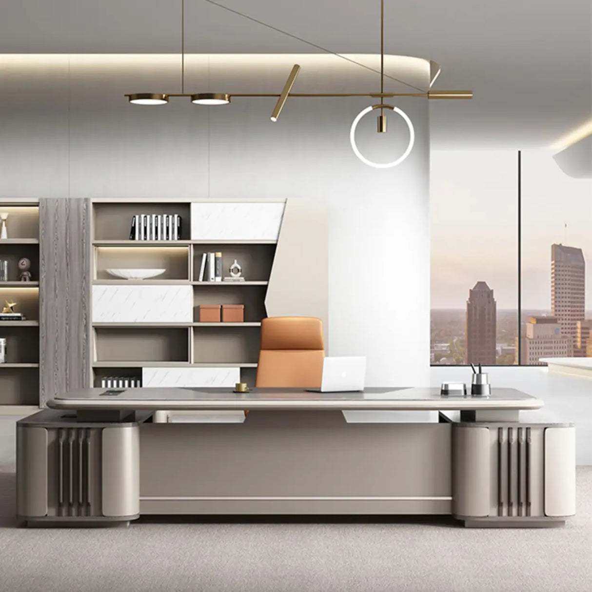 Gray Top Beige Base Long L-Shaped Wooden Executive Desk Image - 2