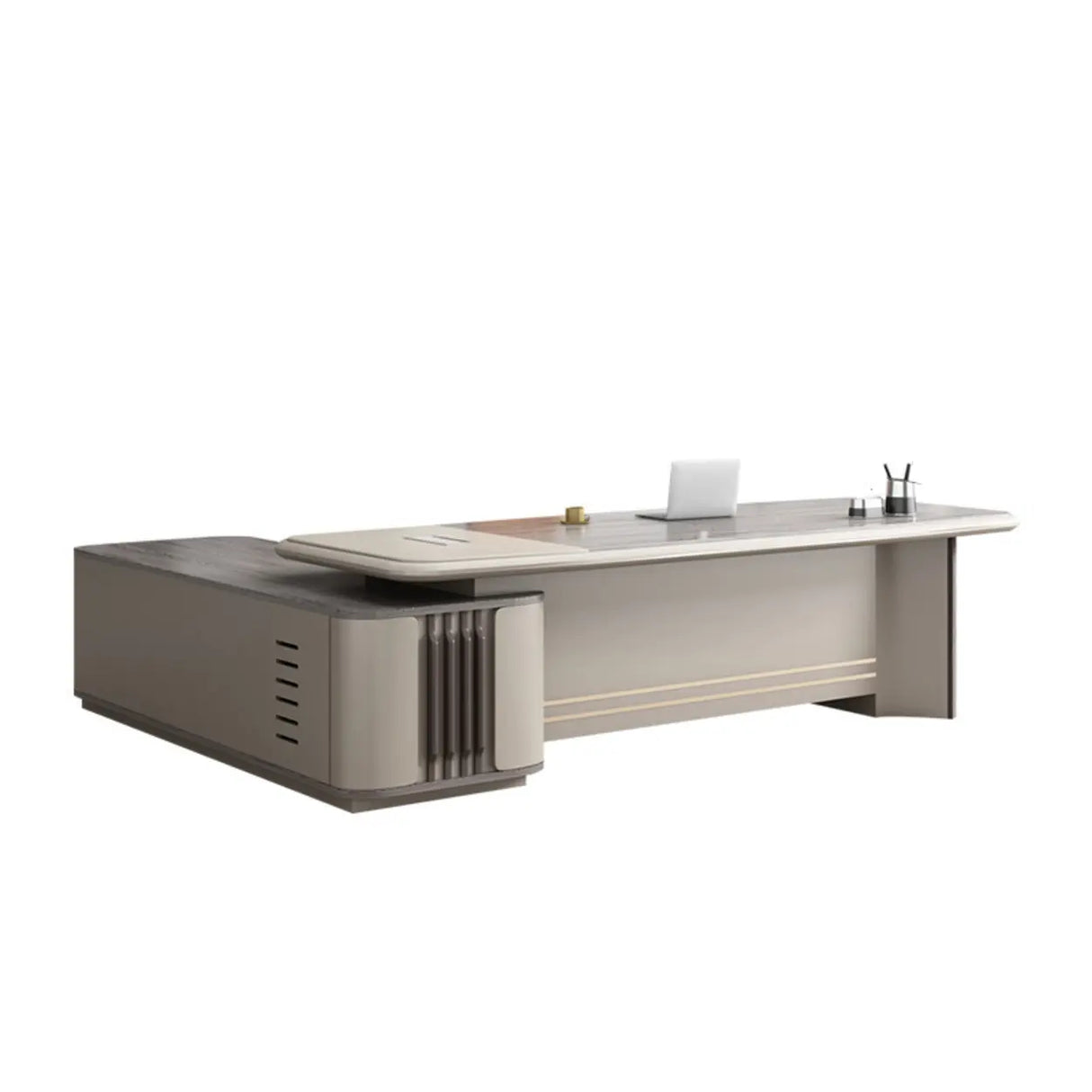 Gray Top Beige Base Long L-Shaped Wooden Executive Desk Image - 3