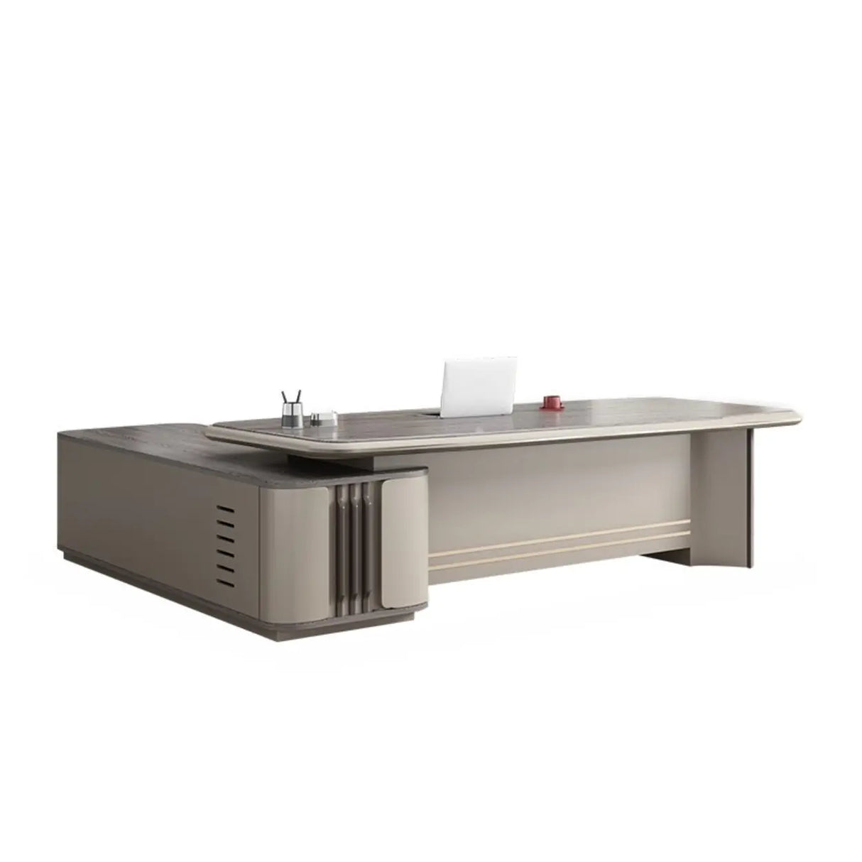 Gray Top Beige Base Long L-Shaped Wooden Executive Desk Image - 5