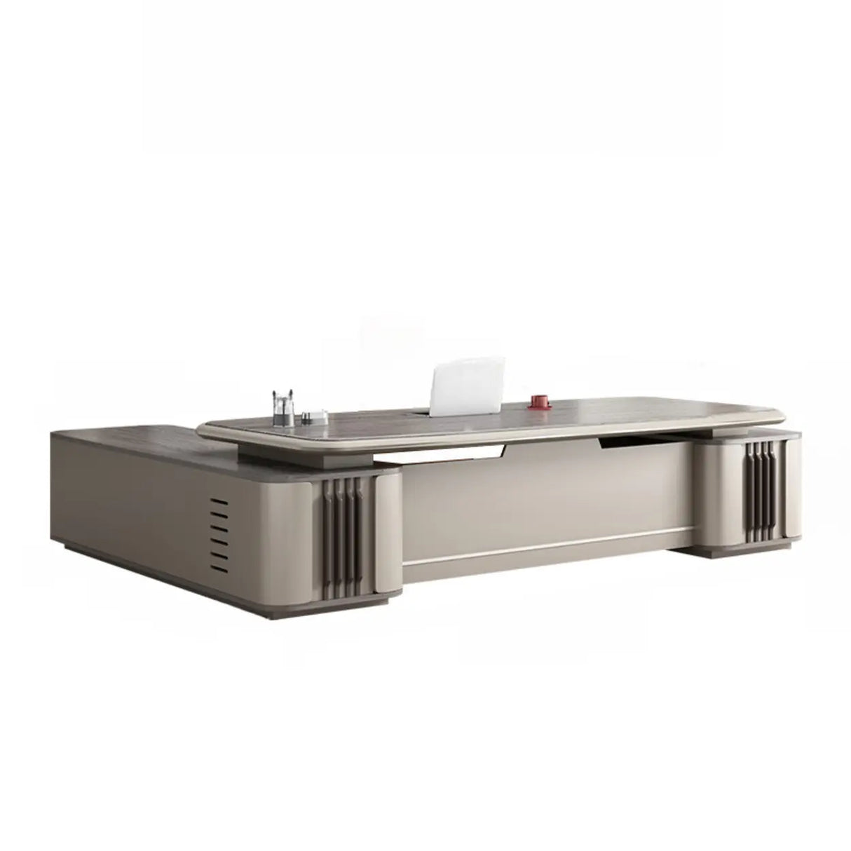 Gray Top Beige Base Long L-Shaped Wooden Executive Desk Image - 6