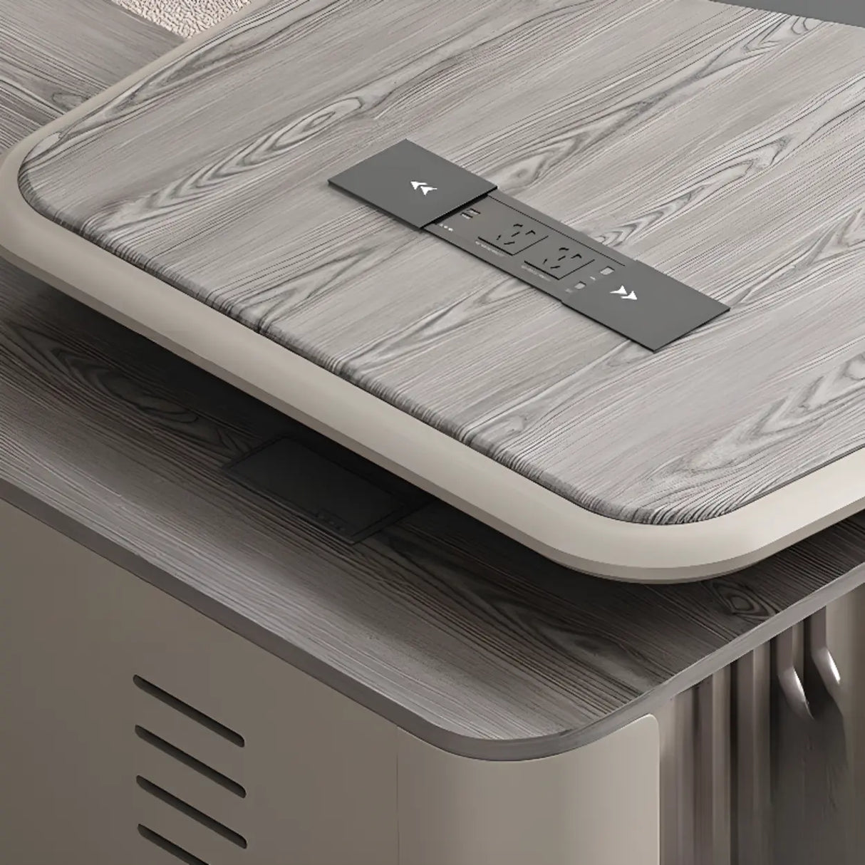 Gray Top Beige Base Long L-Shaped Wooden Executive Desk Image - 8