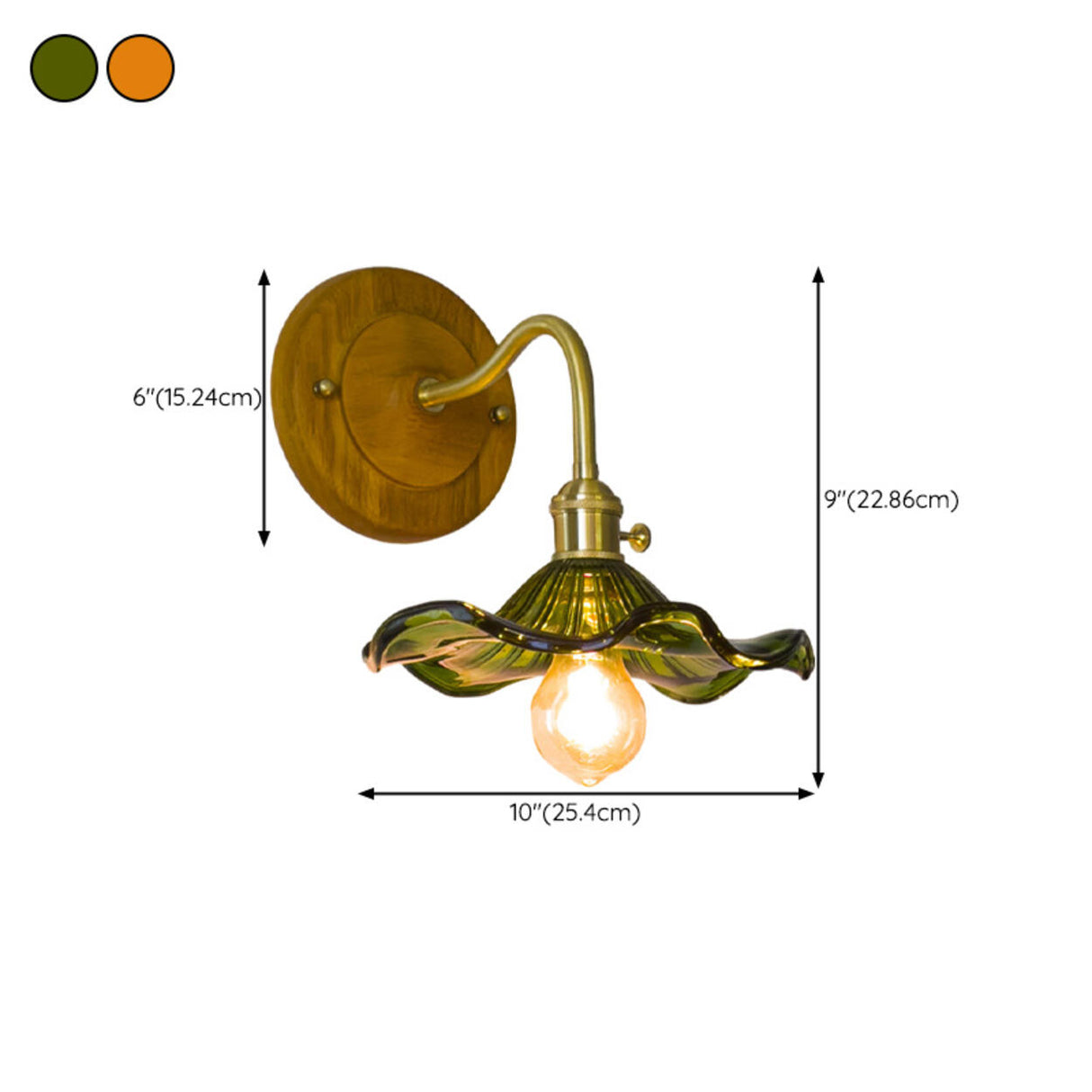 Green Flower Ruffled Glass Shade Wooden Wall Sconce