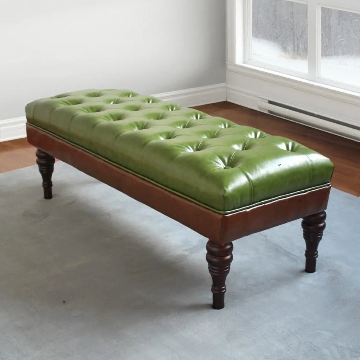 Green Leather Tufted Bench with Classic Wooden Legs Image - 1