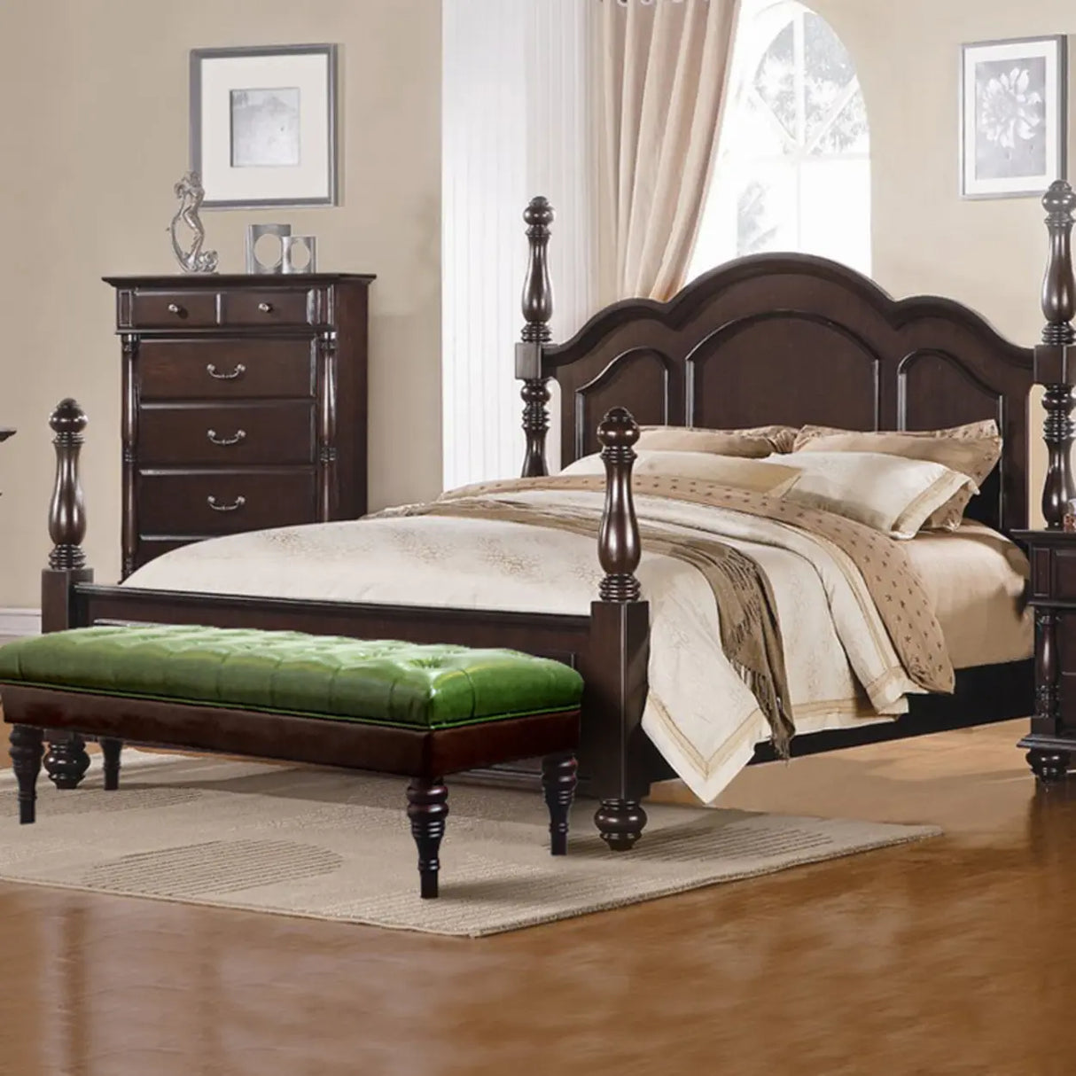 Green Leather Tufted Bench with Classic Wooden Legs Image - 2