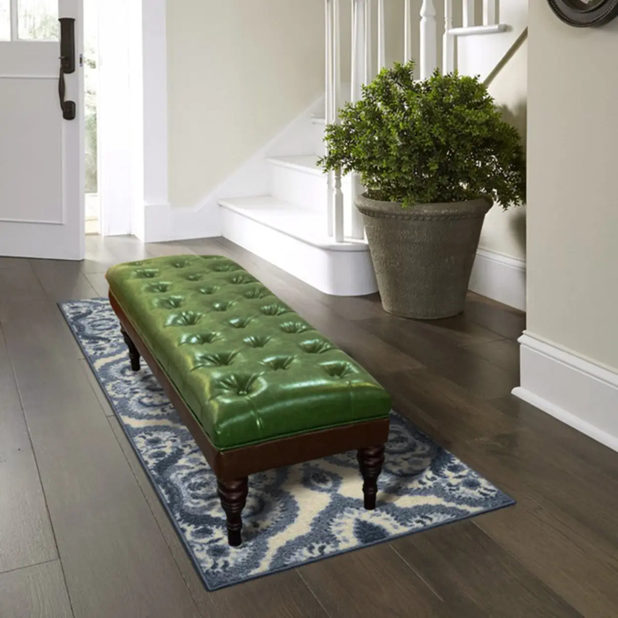Green Leather Tufted Bench with Classic Wooden Legs Image - 3
