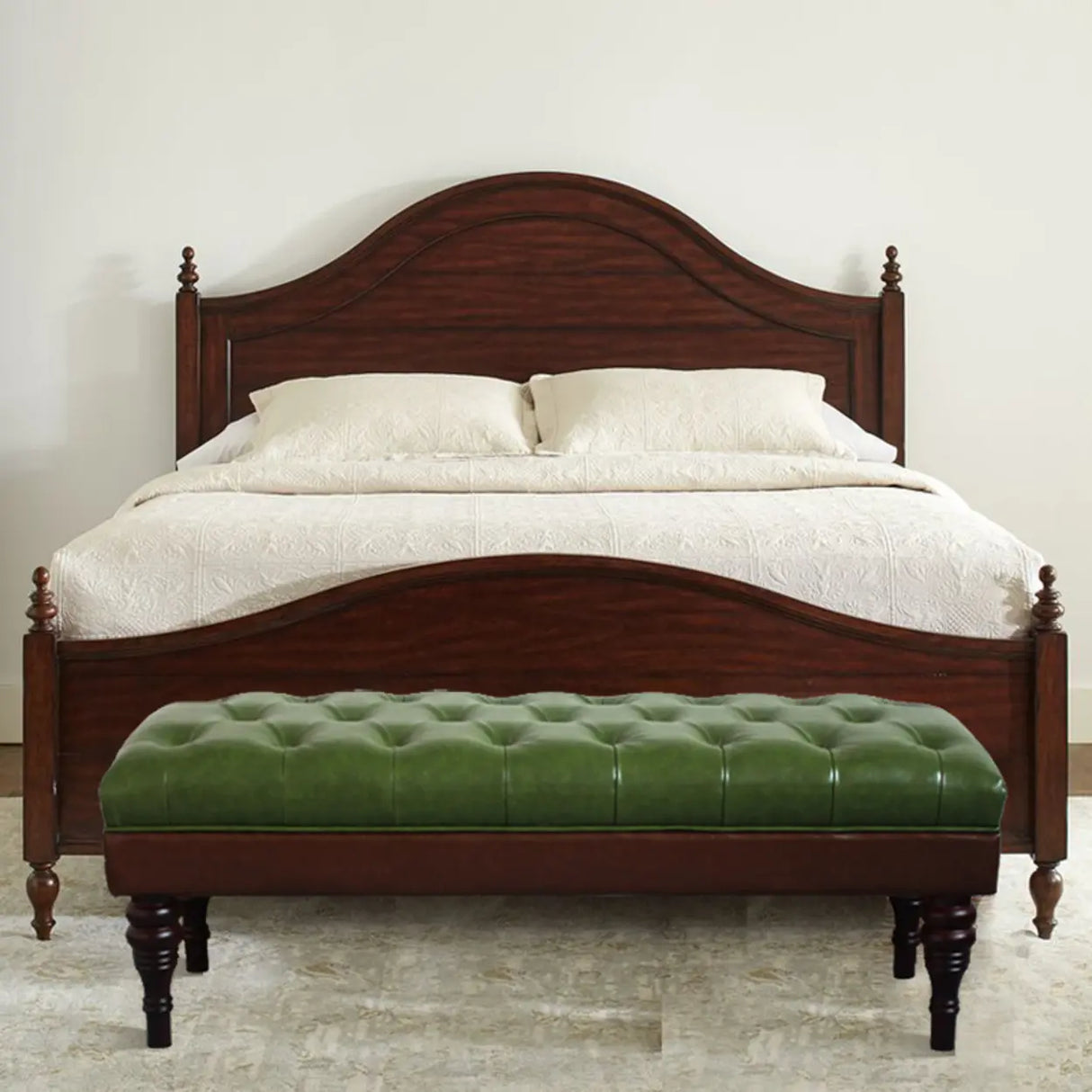 Green Leather Tufted Bench with Classic Wooden Legs Image - 4