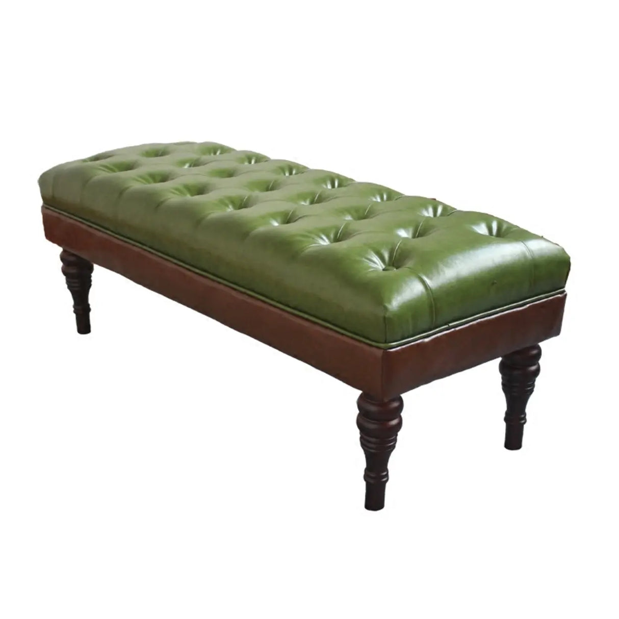 Green Leather Tufted Bench with Classic Wooden Legs Image - 5