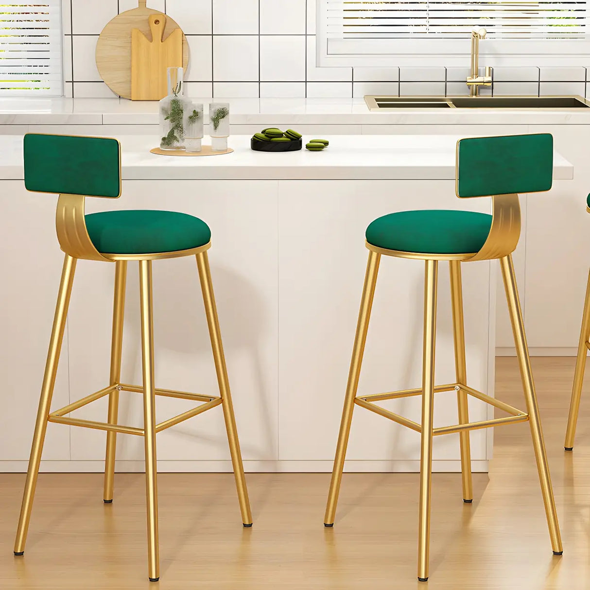 Green Metal Upholstered Low-Back Bar Stool With Footrest Image - 17