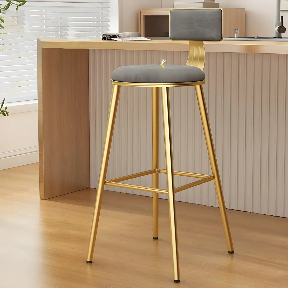 Green Metal Upholstered Low-Back Bar Stool With Footrest Image - 4